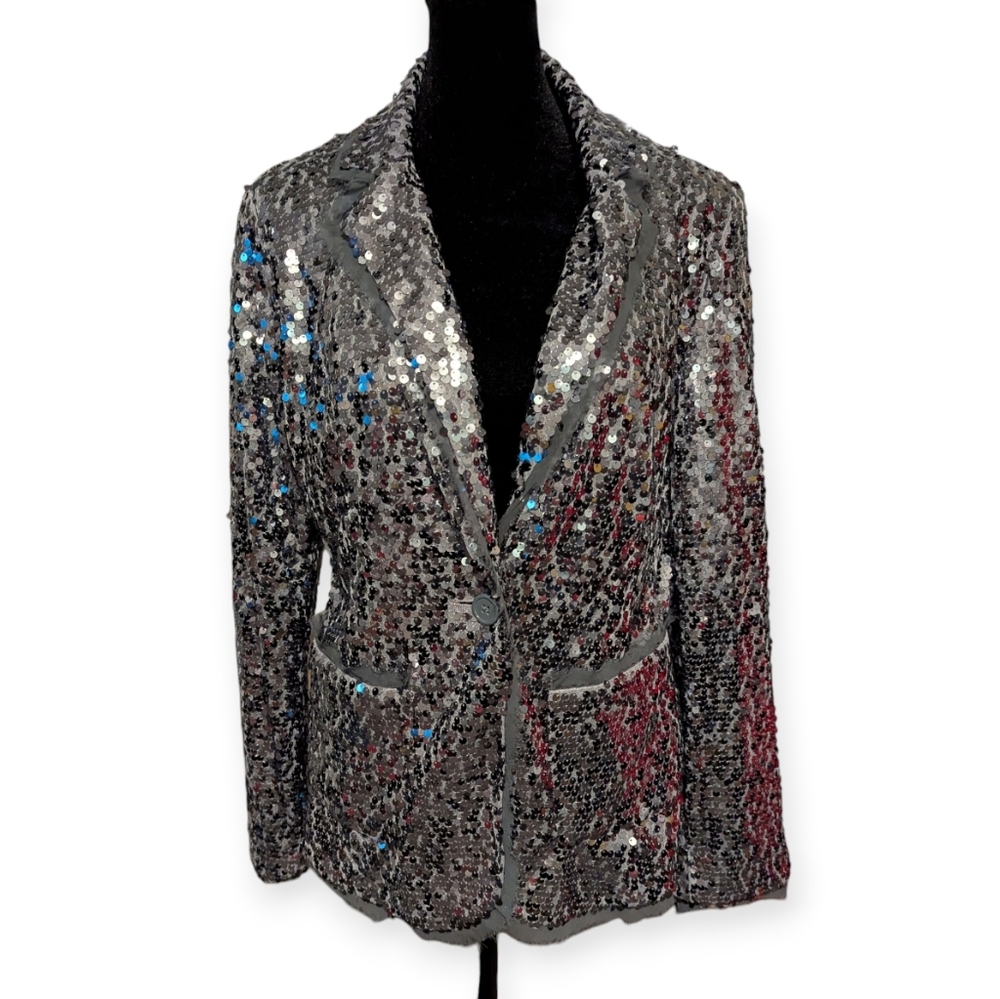 Joan Rivers Sequin Blazer Jacket - Silver and Gray